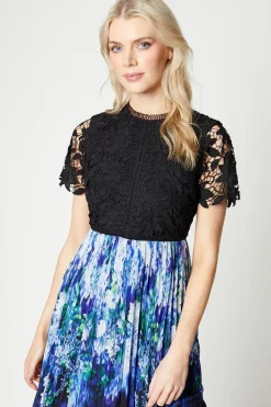 Lace Top Pleated Skirt Midi Dress