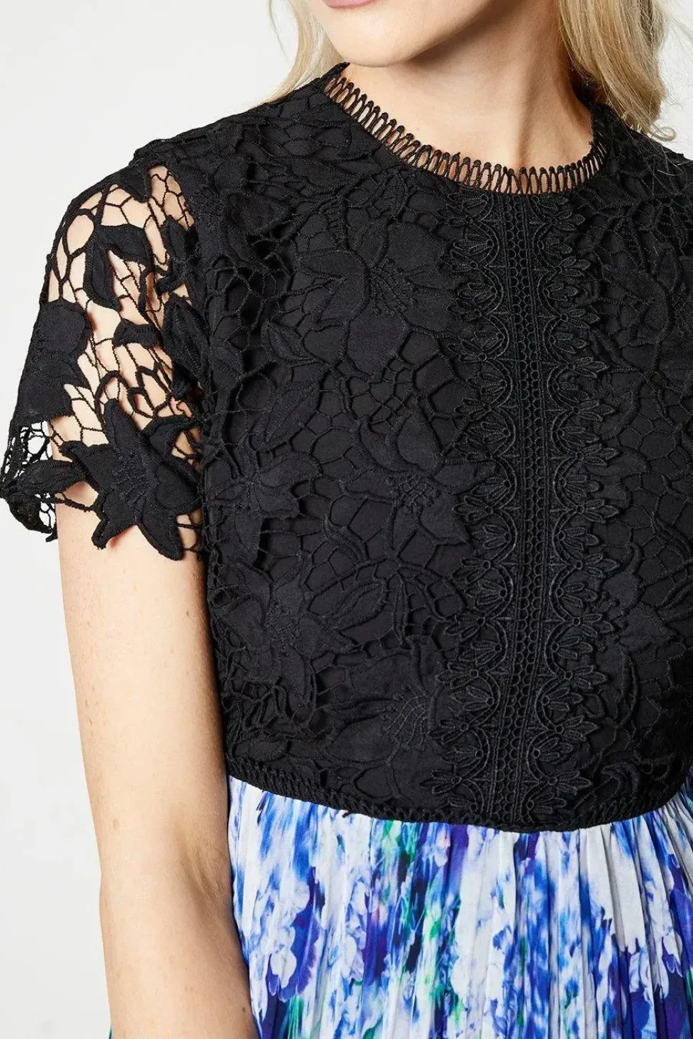 Lace Top Pleated Skirt Midi Dress