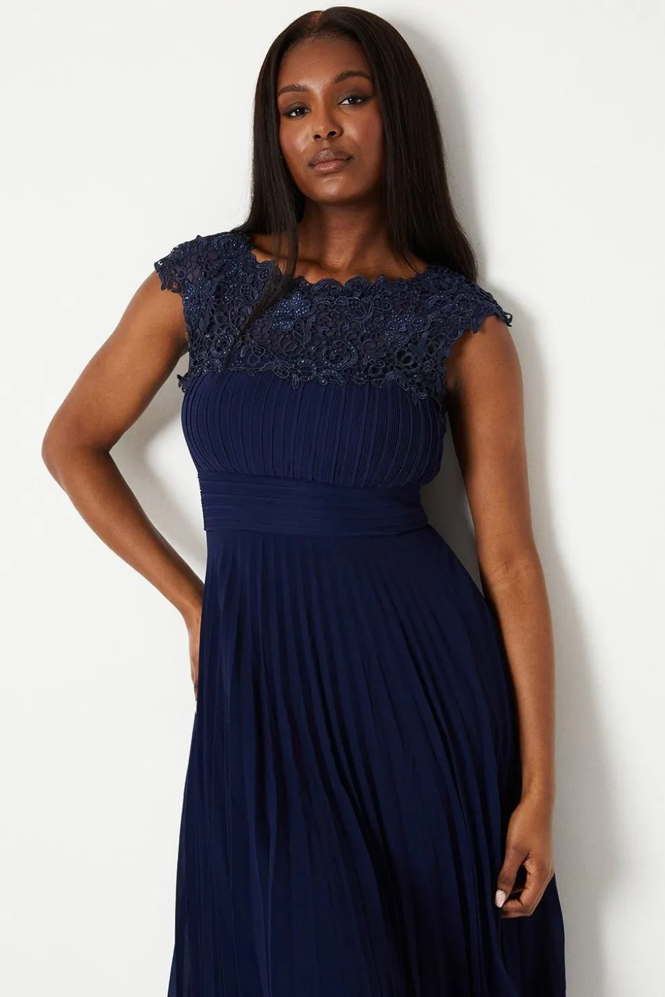 Lace Top Pleated Skirt Midi Dress