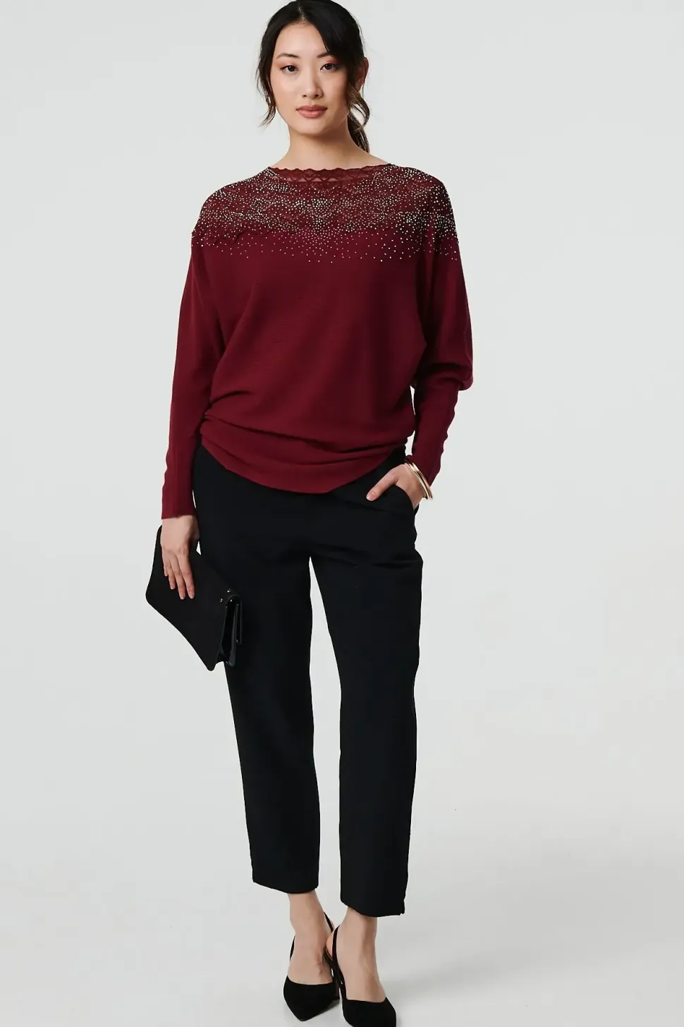 Lace Trim Batwing Long Sleeve Jumper