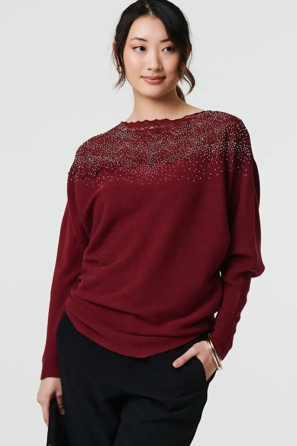 Lace Trim Batwing Long Sleeve Jumper