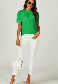 Lace Trim Detail Short Sleeve High Neck Blouse Top