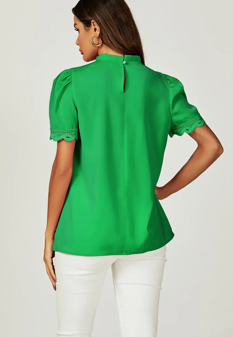 Lace Trim Detail Short Sleeve High Neck Blouse Top