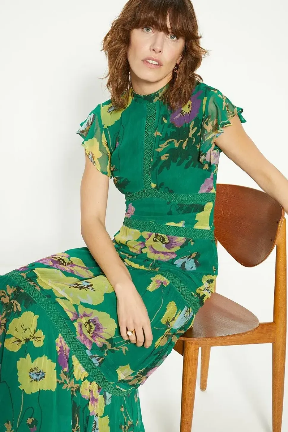 Lace Trim High Neck Chiffon Floral Midi Dress
