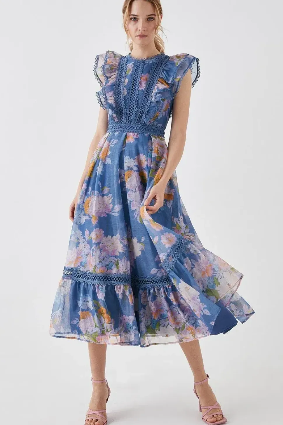 Lace Trim Organza Midi Dress