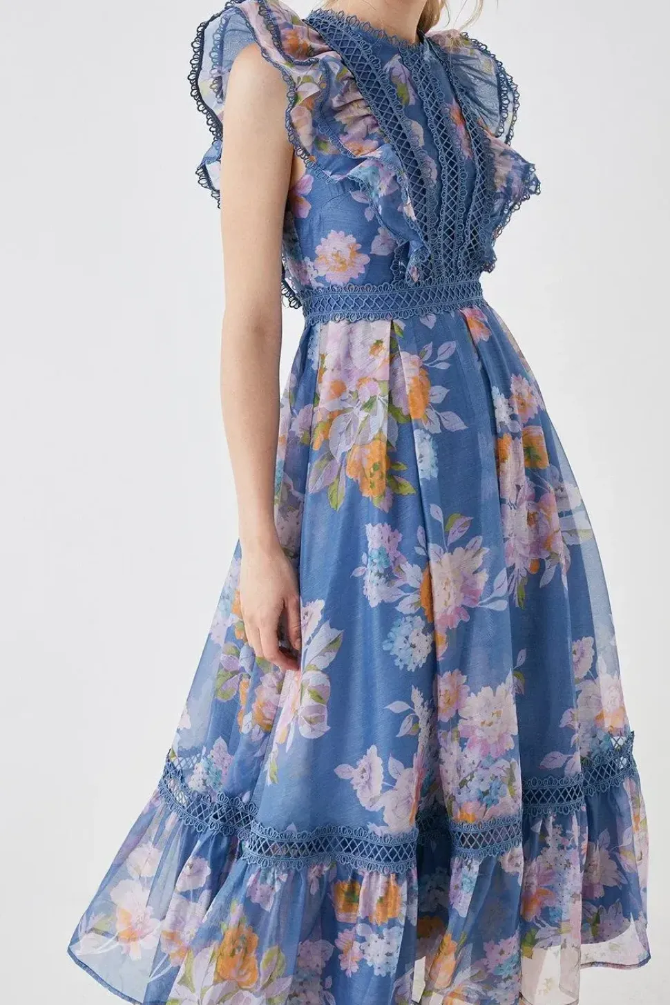 Lace Trim Organza Midi Dress