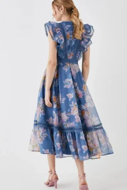 Lace Trim Organza Midi Dress