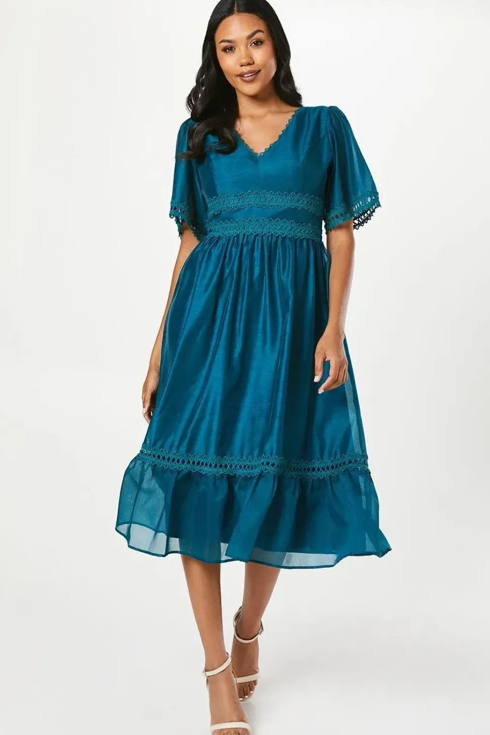 Lace Trim Organza Midi Wedding Guest Dress