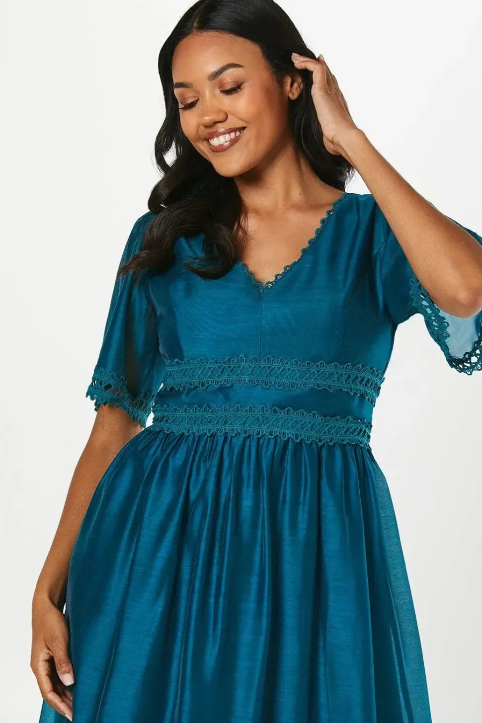 Lace Trim Organza Midi Wedding Guest Dress