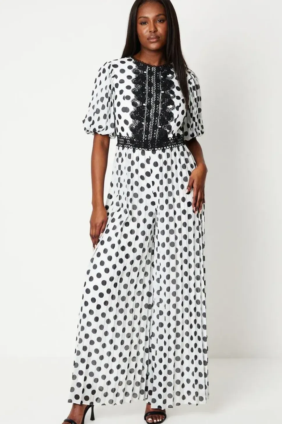 Lace Trim Polkadot Jumpsuit With Pleated Leg