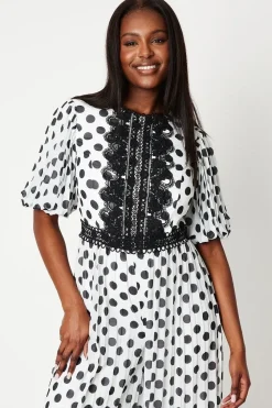 Lace Trim Polkadot Jumpsuit With Pleated Leg