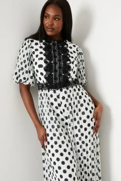 Lace Trim Polkadot Jumpsuit With Pleated Leg