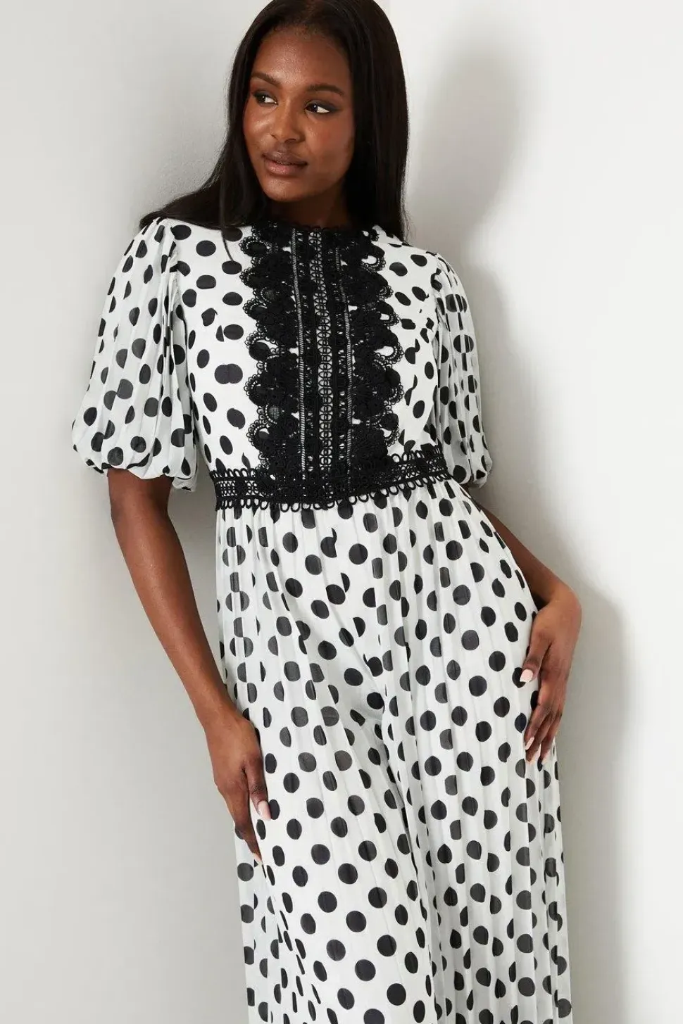 Lace Trim Polkadot Jumpsuit With Pleated Leg