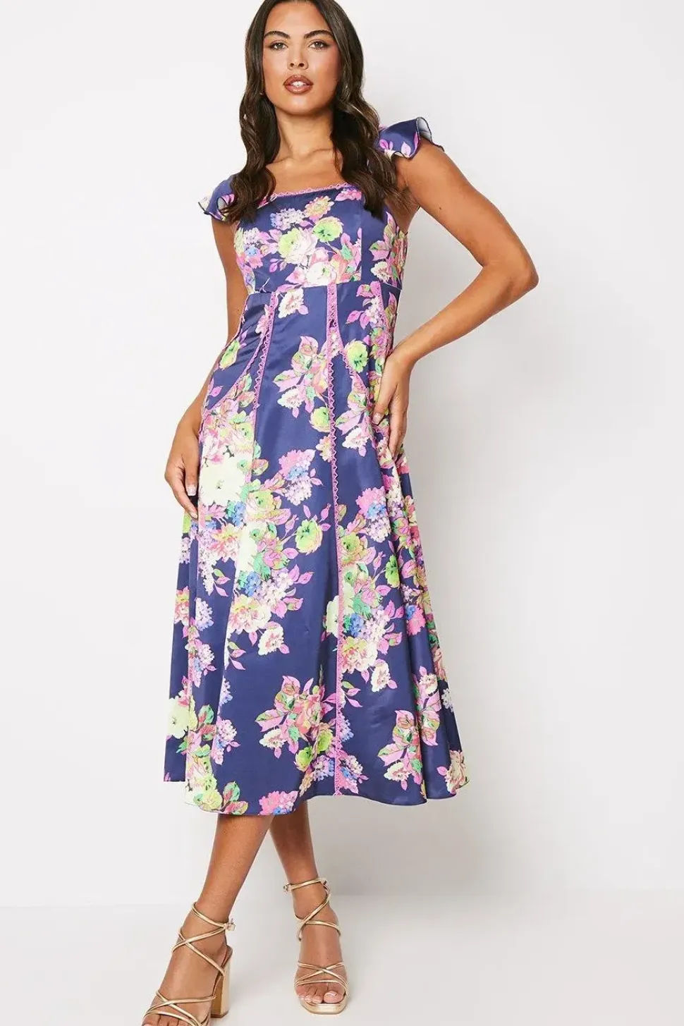 Lace Trim Printed Satin Midi Dress