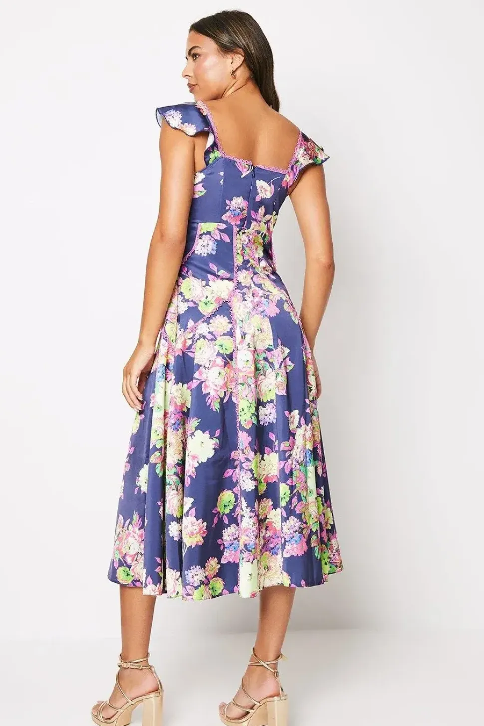 Lace Trim Printed Satin Midi Dress