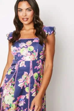 Lace Trim Printed Satin Midi Dress