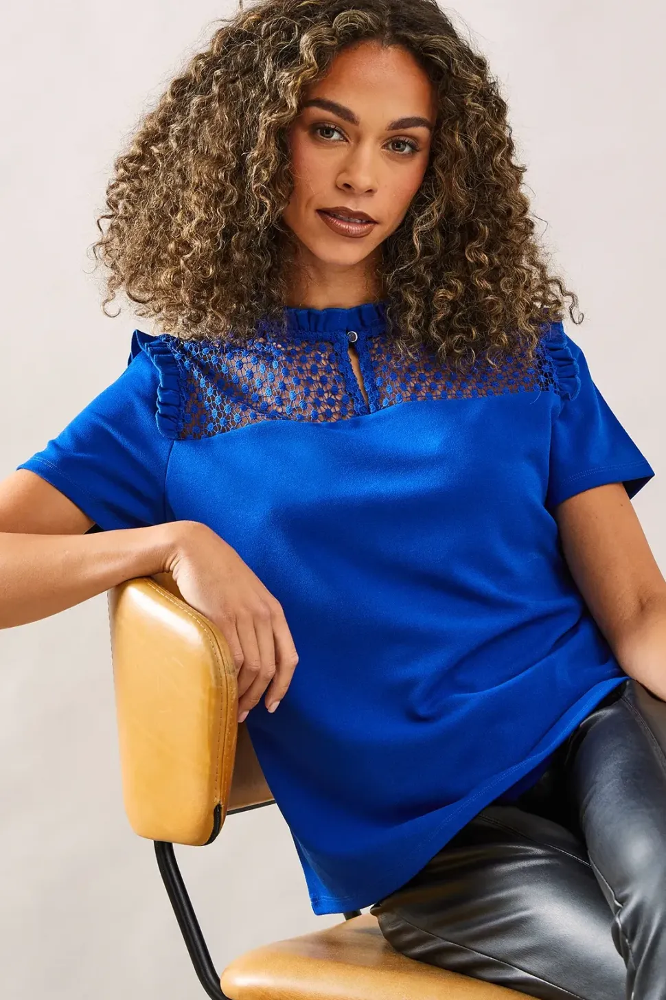 Lace Trim Ruffle Neck Top