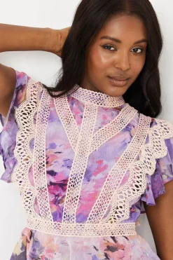 Lace Trim Ruffle Skirt Chiffon Midi Dress