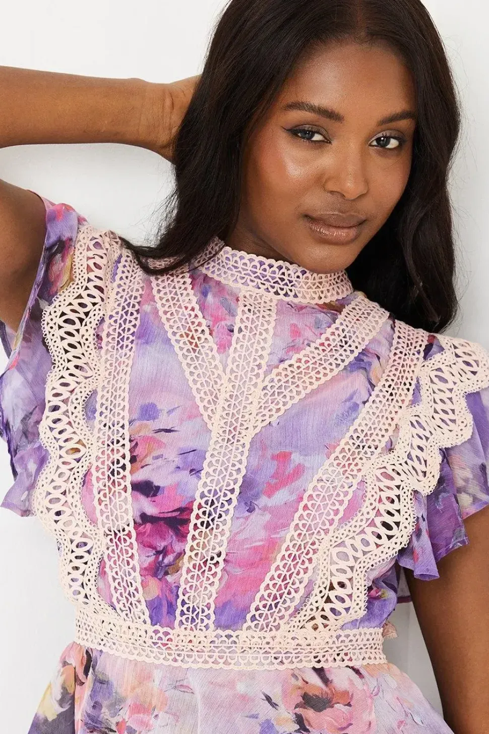 Lace Trim Ruffle Skirt Chiffon Midi Dress
