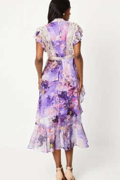 Lace Trim Ruffle Skirt Chiffon Midi Dress