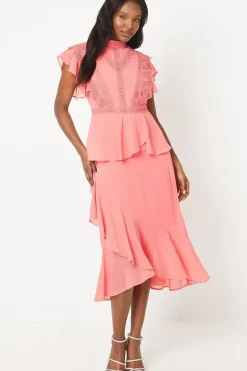 Lace Trim Ruffle Skirt Chiffon Midi Dress