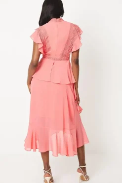 Lace Trim Ruffle Skirt Chiffon Midi Dress