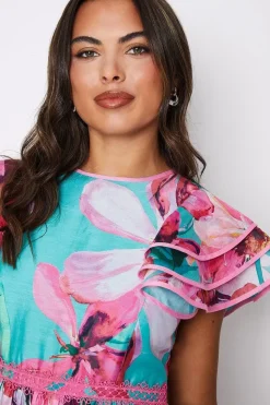 Lace Trim Ruffle Sleeve Printed Midi Dress