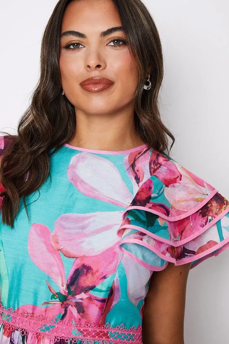 Lace Trim Ruffle Sleeve Printed Midi Dress
