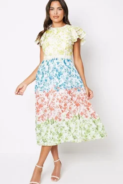 Lace Trim Ruffle Sleeve Printed Midi Dress