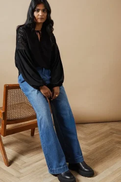 Lace Trim Tie Neck Crepe Blouse