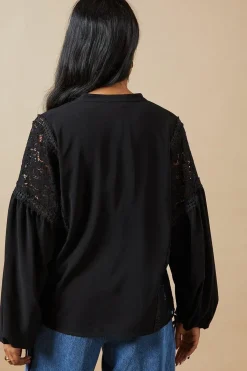 Lace Trim Tie Neck Crepe Blouse