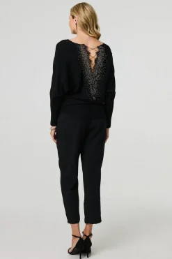 Lace Trim V-Back Boat Neck Jumper Top