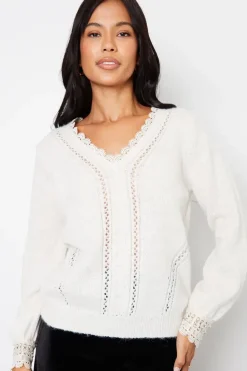 Lace Trim V Neck Knitted Jumper