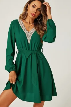 Lace Trim V Neck Mini Dress In Green