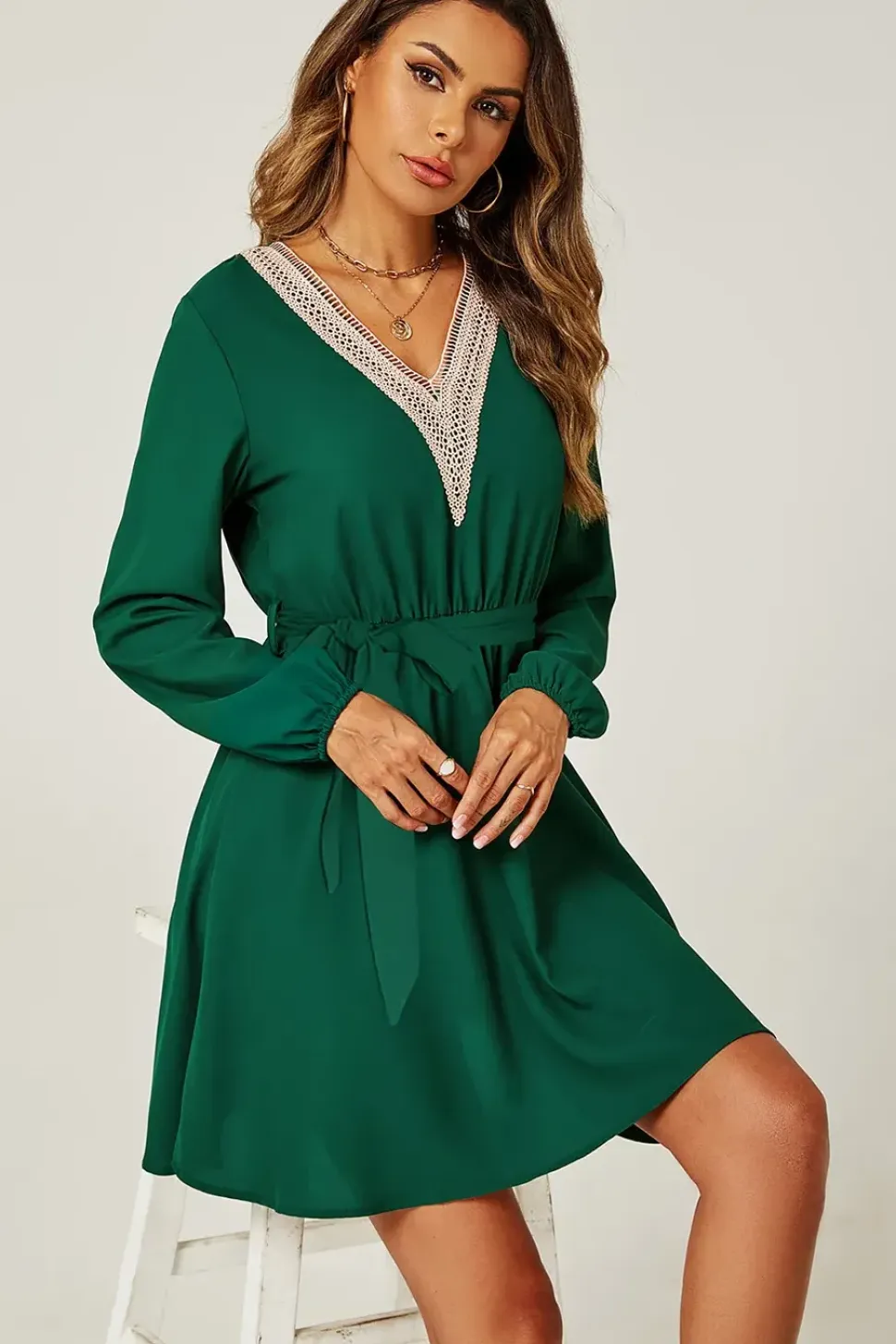 Lace Trim V Neck Mini Dress In Green