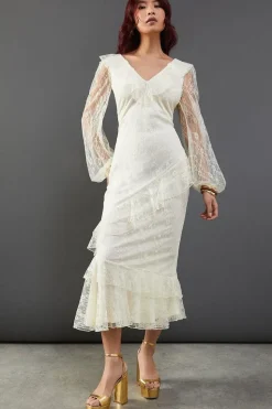 Lace V Neck Ruffle Midi Dress