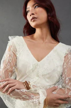 Lace V Neck Ruffle Midi Dress