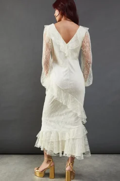 Lace V Neck Ruffle Midi Dress