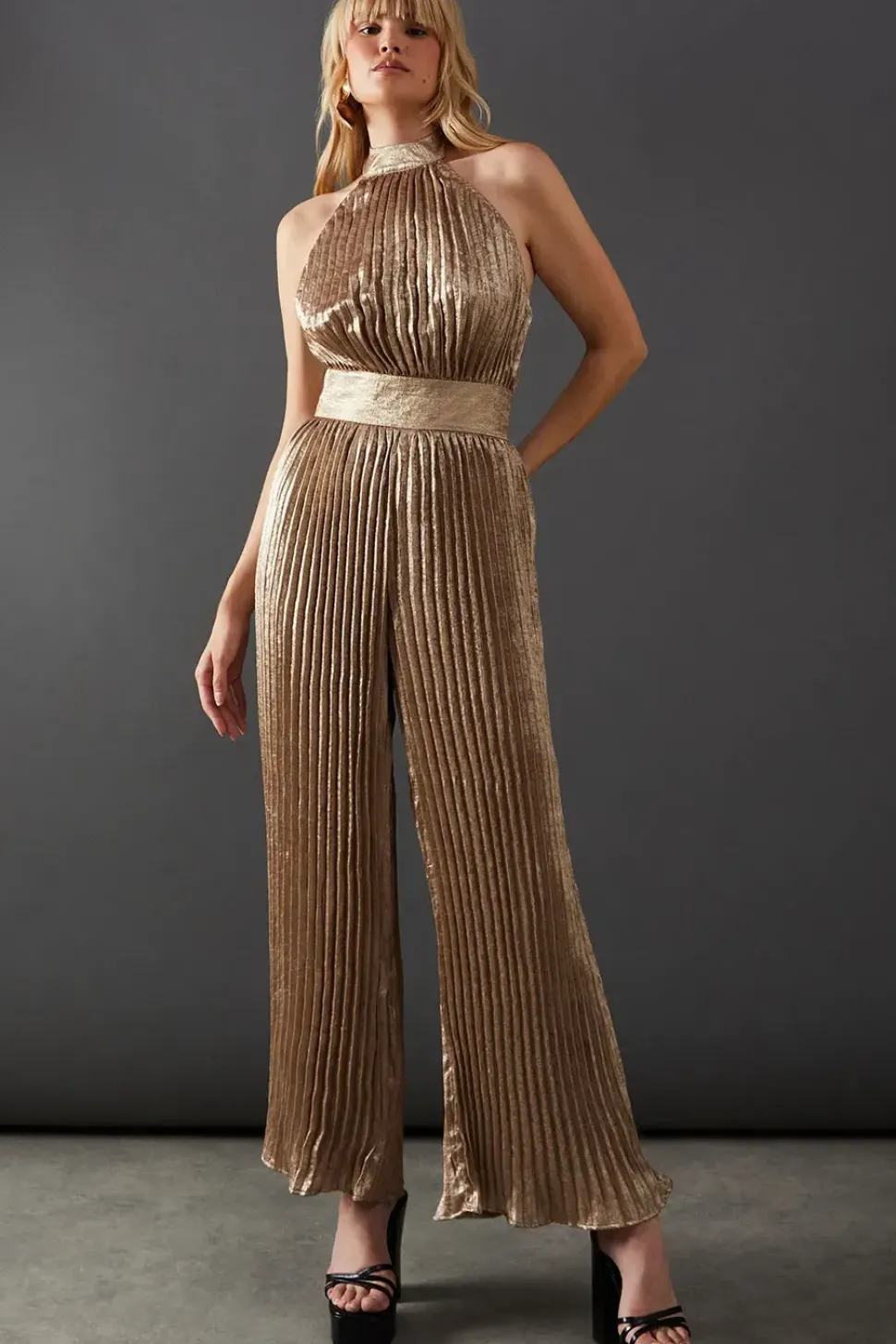Lame Metallic High Neck Pleated Jumpsuit