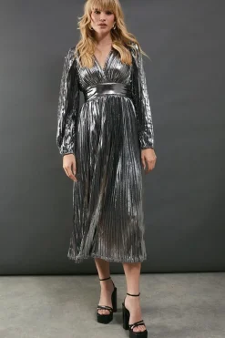 Lame Metallic Plunge Neck Pleated Midi Dress