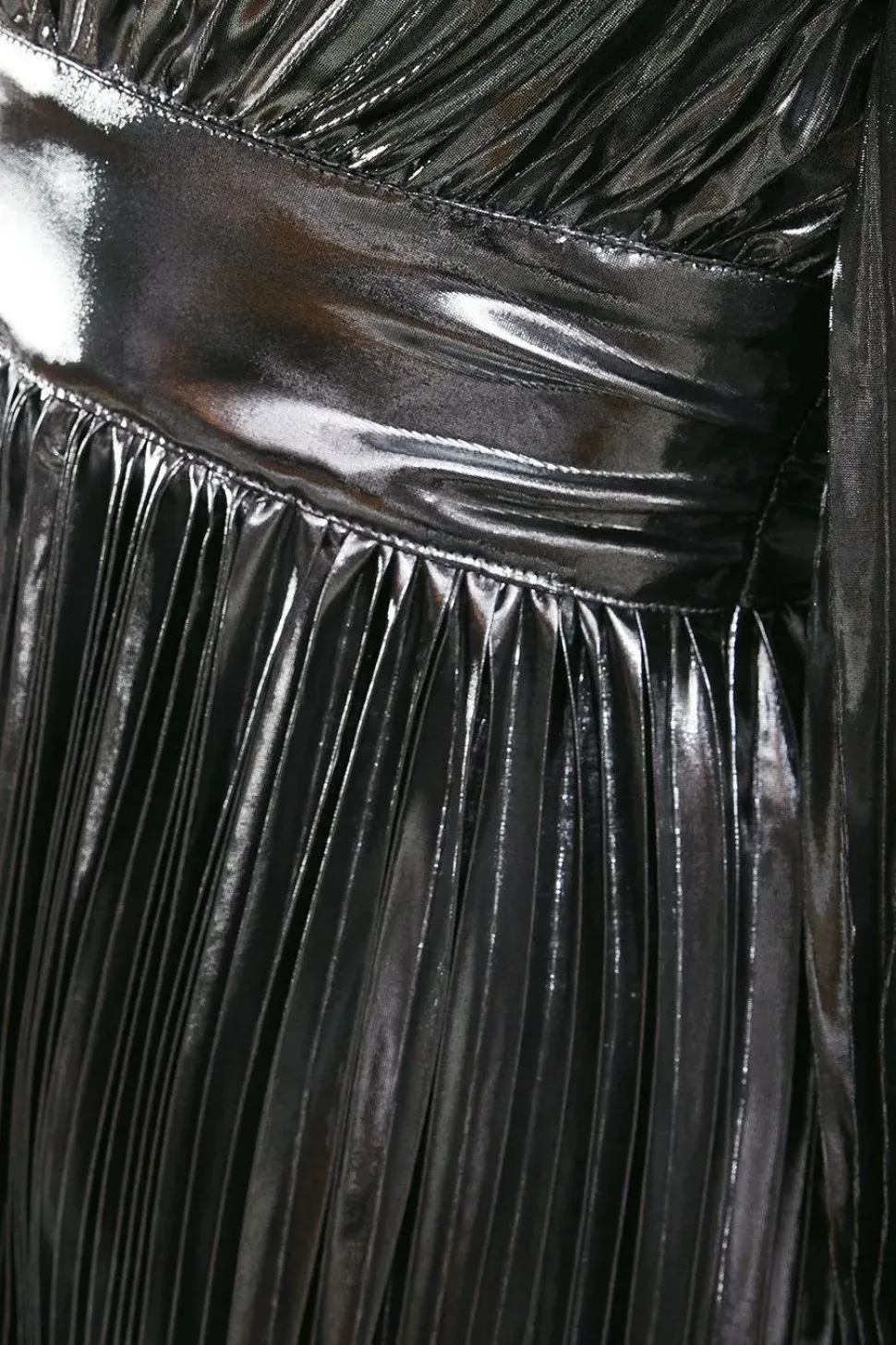Lame Metallic Plunge Neck Pleated Midi Dress