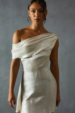Lame Off Shoulder Tie Side Mini Dress