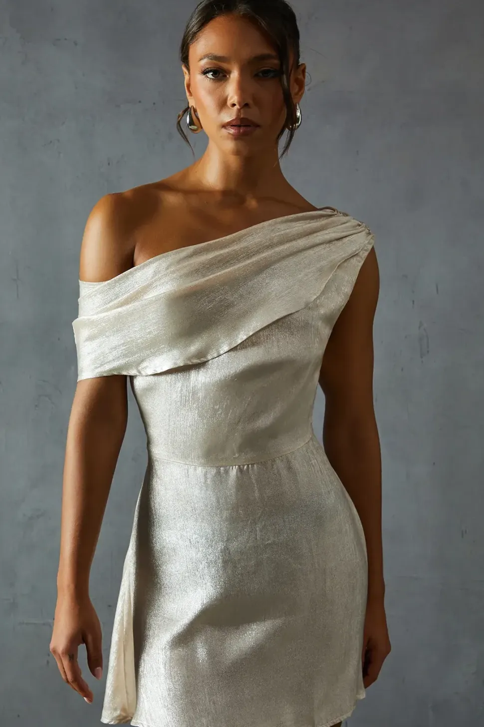 Lame Off Shoulder Tie Side Mini Dress
