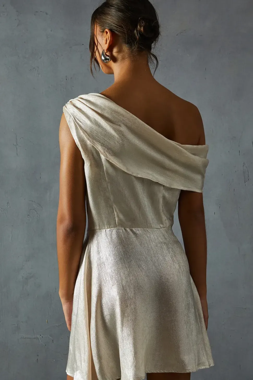 Lame Off Shoulder Tie Side Mini Dress
