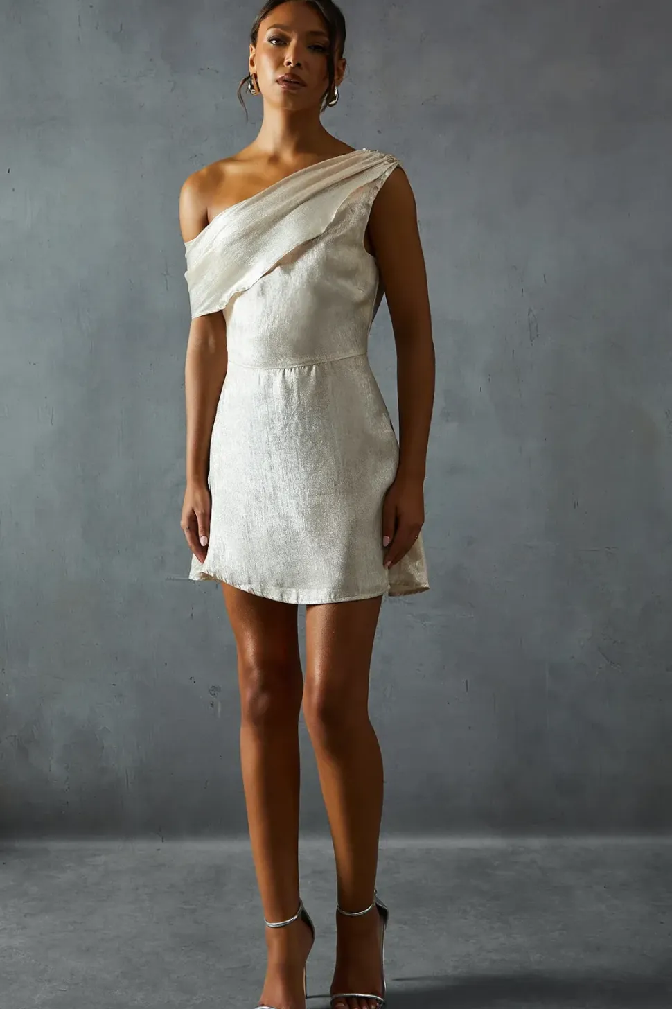 Lame Off Shoulder Tie Side Mini Dress