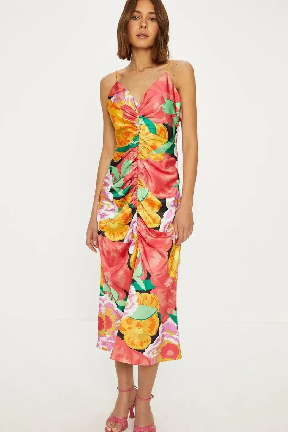 Large Floral Ruched Satin Slip Dress