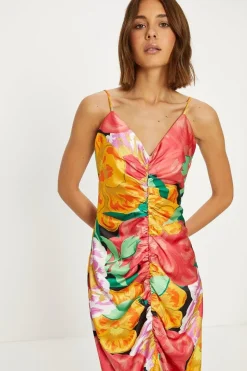 Large Floral Ruched Satin Slip Dress