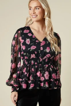 Large Pink Floral Button Front Double Ruffle Chiffon Blouse