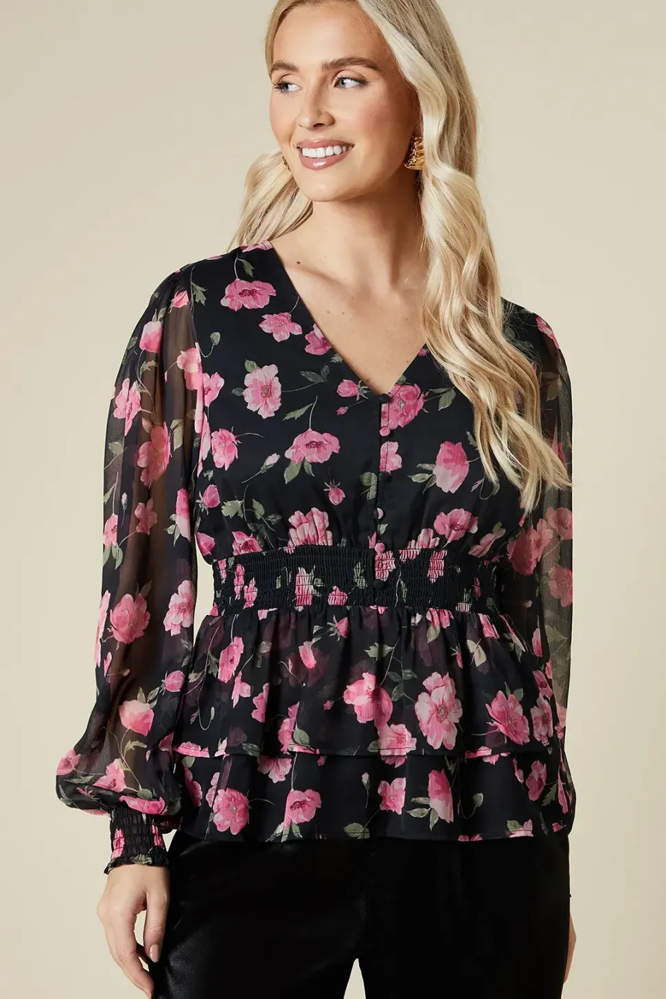 Large Pink Floral Button Front Double Ruffle Chiffon Blouse