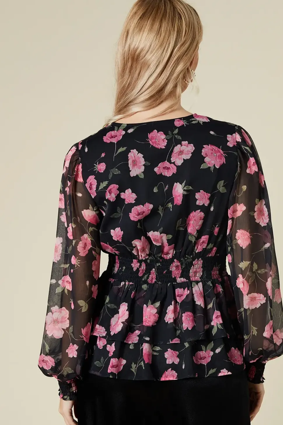 Large Pink Floral Button Front Double Ruffle Chiffon Blouse